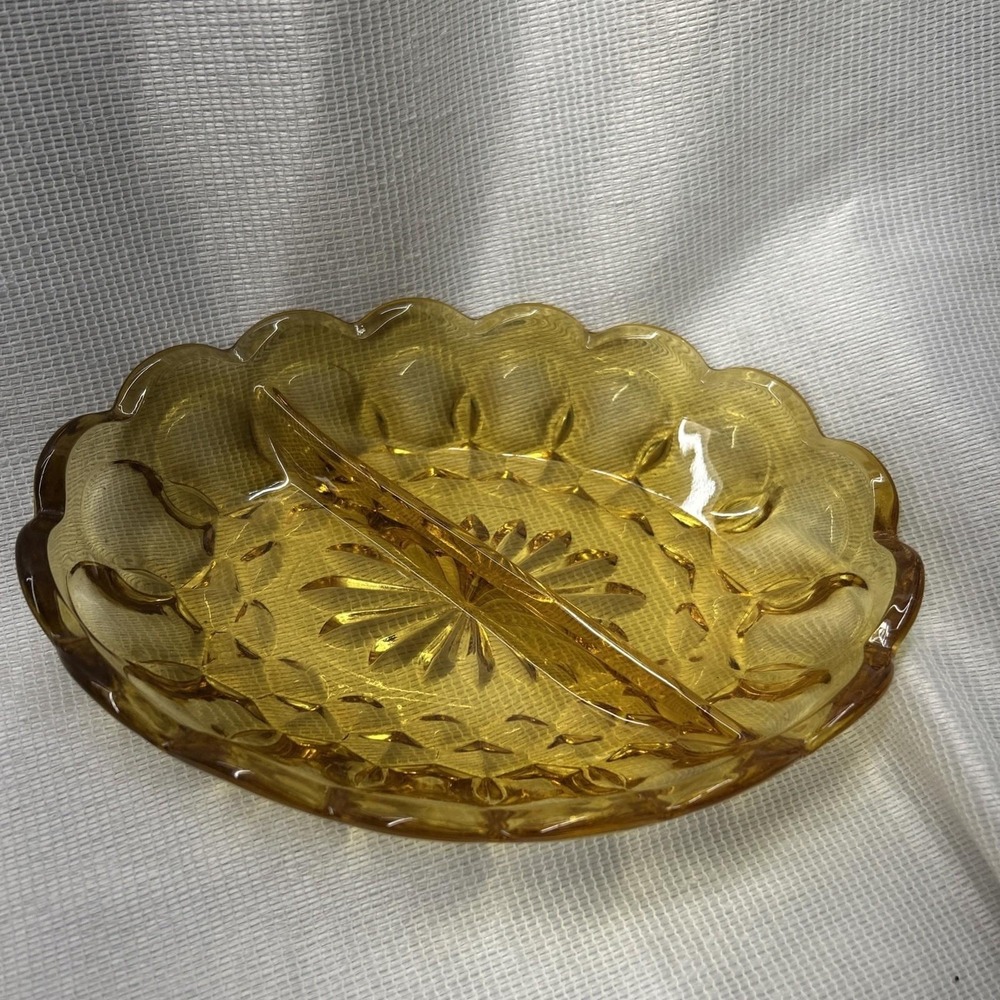 Vintage Amber Pressed Glass Divided Dish  Scalloped 7x5 Catchall